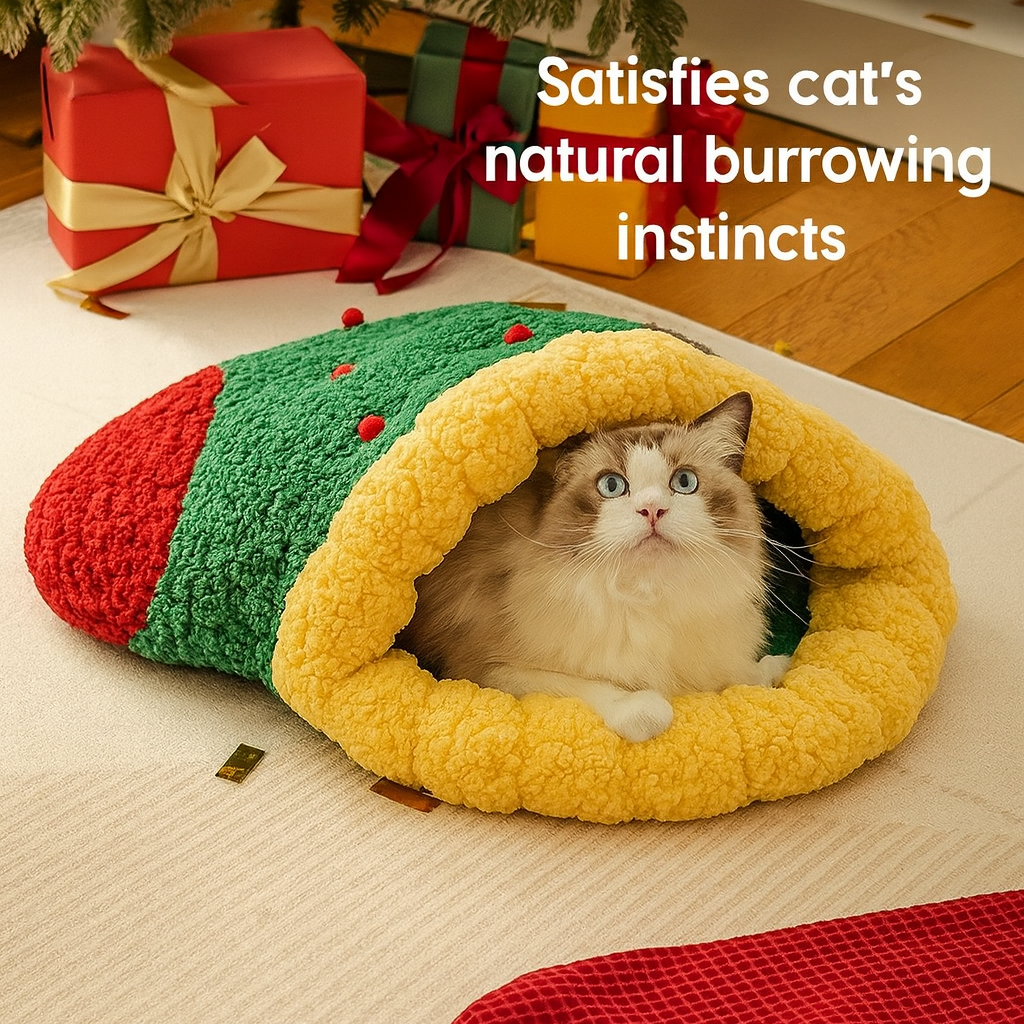Cozy Christmas Tunnel Cat Bed